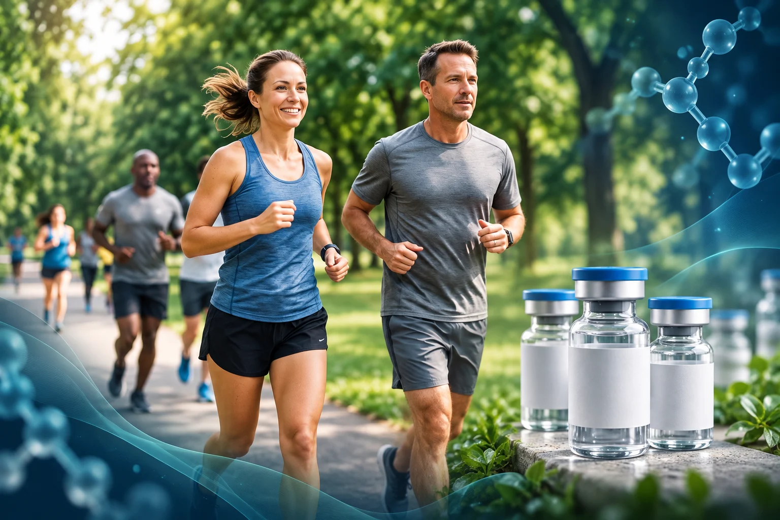 Concept illustration combining adults jogging, unbranded laboratory vials and molecular imagery.