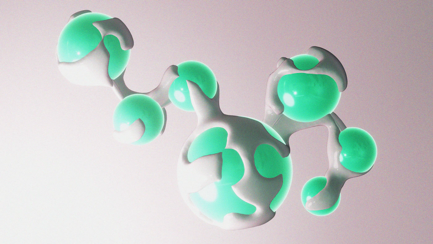 Abstract connected white and teal spheres representing molecular science.